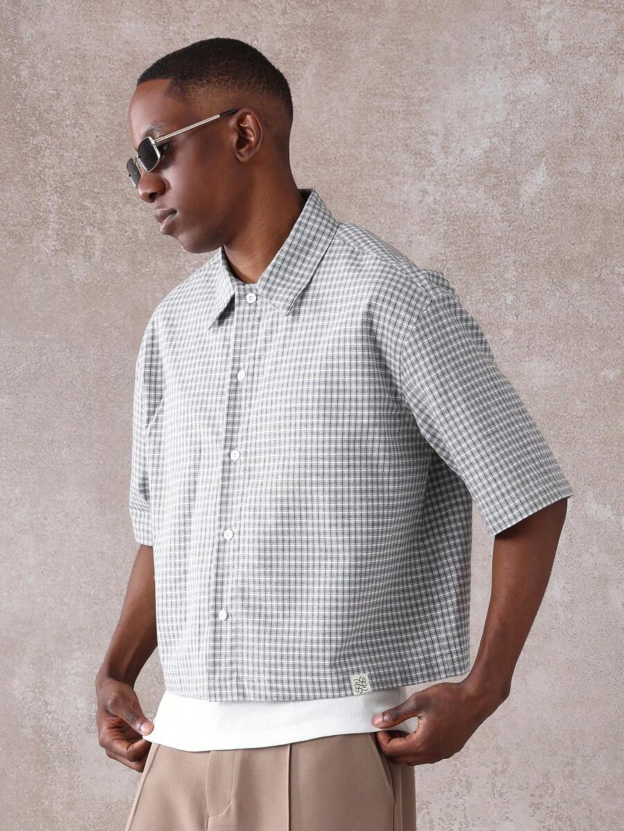 SUMWON Classic Check Pattern Short Sleeve Button Down Casual Shirt Lightweight Summer Business Office Wear Versatile Daily Wear Collared Shirt Modern Cut - Light Grey - View 1