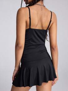 SHEIN EZwear Vestido deslizante negro mini con escote profundo y plisado, para primavera/verano