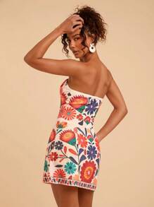Travachic Women's Boho Strapless Mini Dress With Vibrant Floral Print And Zipper Detail - Multicolor - View 3