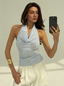 Aloruh Camisa sexy de mujer con escote profundo en V, cuello halter, espalda descubierta y lazo en la parte delantera