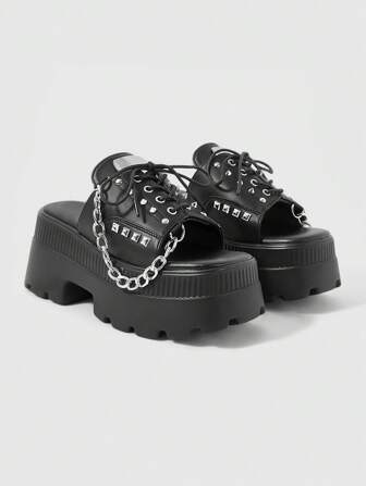 Grunge Punk Sandalias de cuña con cordones de estilo punk para mujer, con parte superior, plataforma de moda y suela gruesa
