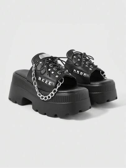 Grunge Punk Women's Punk Chain Lace-Up Wedge Sandals, Leather Upper Fashion Platform Thick Sole