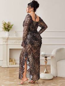 Modelyn Women Plus Size Mesh Leopard Print Criss-Cross Halter Ruched Hem Slit Elegant Sexy Dress Fall Cloth For Women