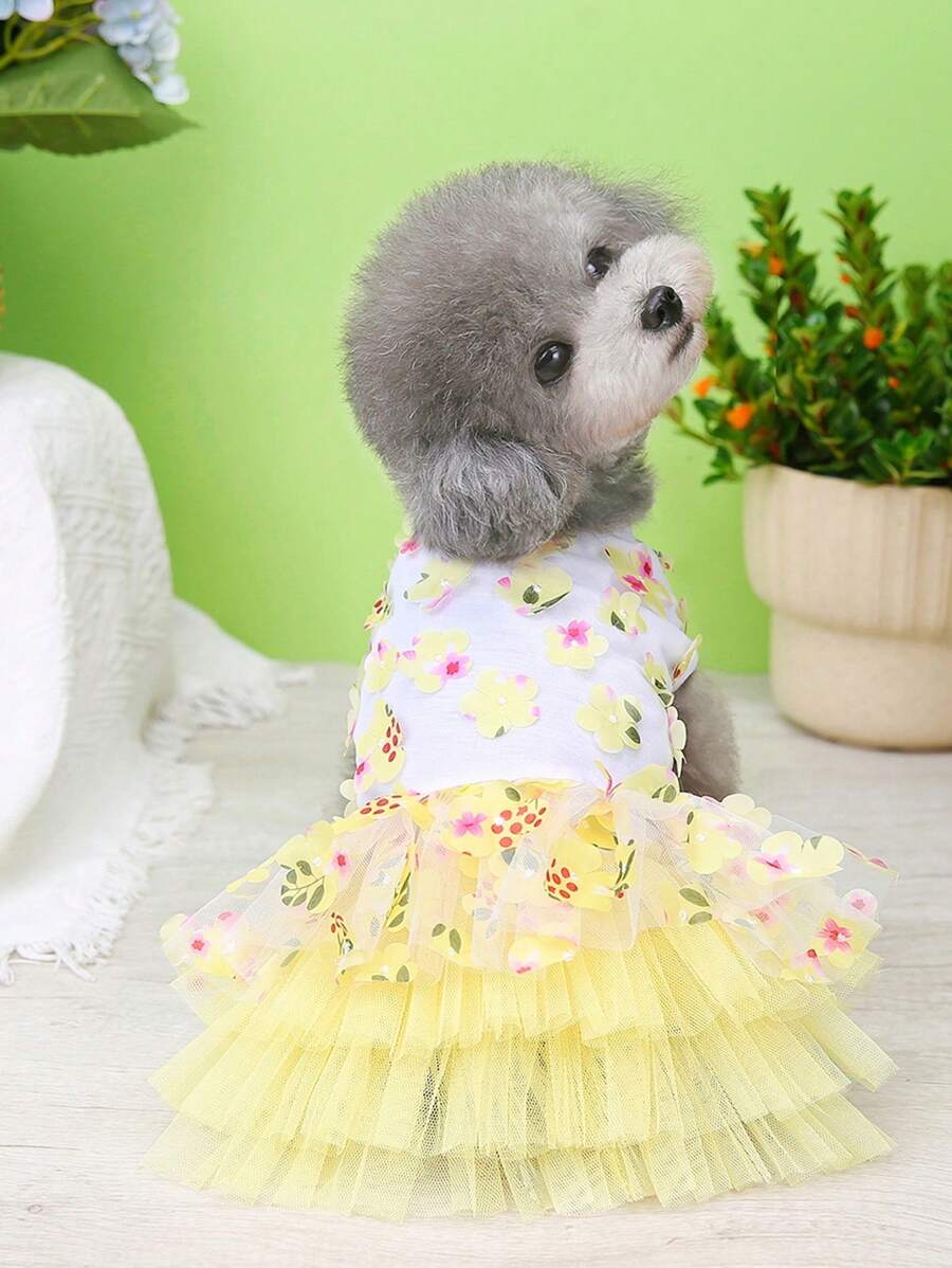 PETSIN Váy cho chó lưới nhẹ thoáng khí họa tiết mèo dễ thương mùa xuân/hè màu vàng, váy cho thú cưng bán chạy nhất châu Âu và châu Mỹ - Màu vàng - Xem 1