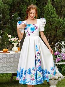 WESTFADE Young Abito elegante con stampa floreale aderente e tessuto, maniche corte, vestito da cerimonia per tè o eventi, adatto alle adolescenti