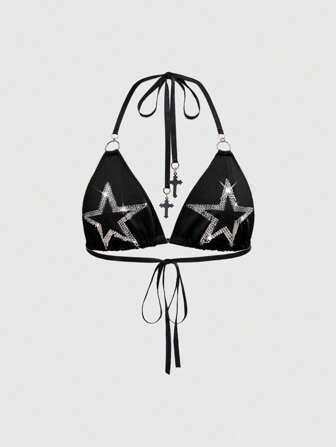 Grunge Punk Y2K Musikfestival Grunge 2000er Verzierter Stern Rosa Crop Top