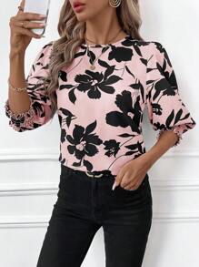 SHEIN Clasi Camisa casual para mujer con estampado floral, cuello redondo y manga abullonada, ideal para vacaciones