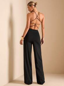 SHEIN BAE Women's Summer Sexy Backless Jumpsuit Black Jumpsuit Seaside Vacation One-Piece Swimsuit Swimsuit Night Out Vacation Outfit/Prom Dress/Summer Clothes/Romper/Wedding Guest Dress Women/Elegant Dresses For Party/Vacation/Easter Outfit Women