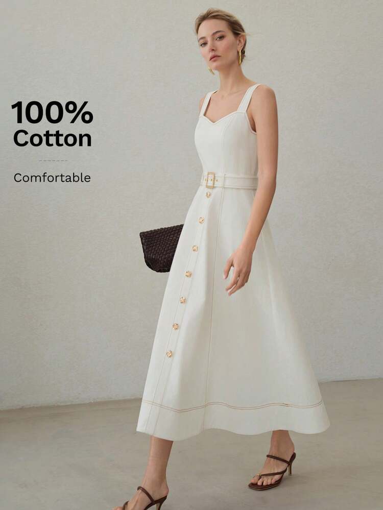VESTIDO MIDI COM LAÇO NA CINTURA E BOTÕES DOURADOS 100% ALGODÃO