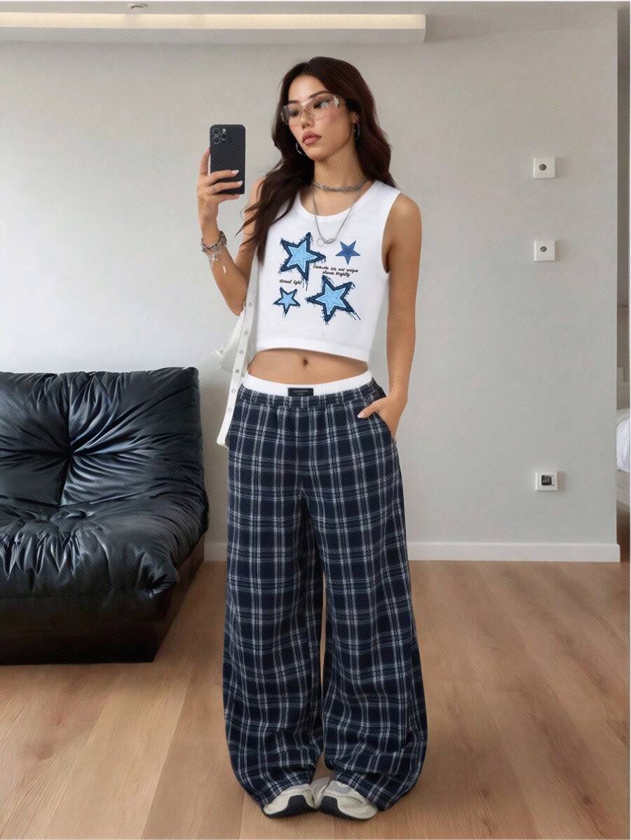 Tween Girls Denim Effect Star Logo Print Round Neck Tank Top - White - View 1