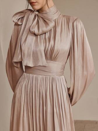 Anewsta Women's Long Dress, Spring/Autumn, Waist Pleated, Shiny, Elegant & Versatile