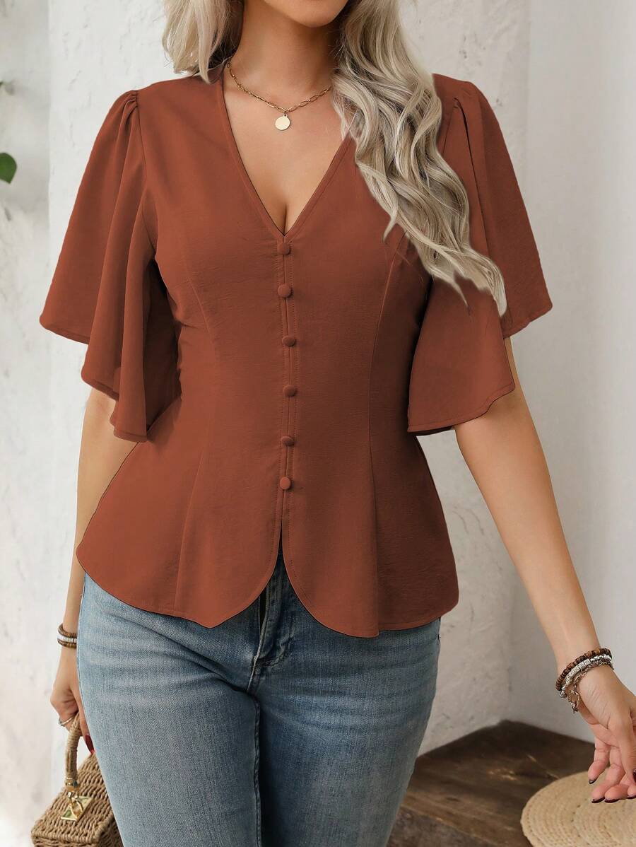 SHEIN Clasi 女士时尚优雅纯色 V 领纽扣装饰喇叭袖 A 字衬衫，适合通勤、休闲、度假、春夏季 - 鏽棕色 - 查看 1