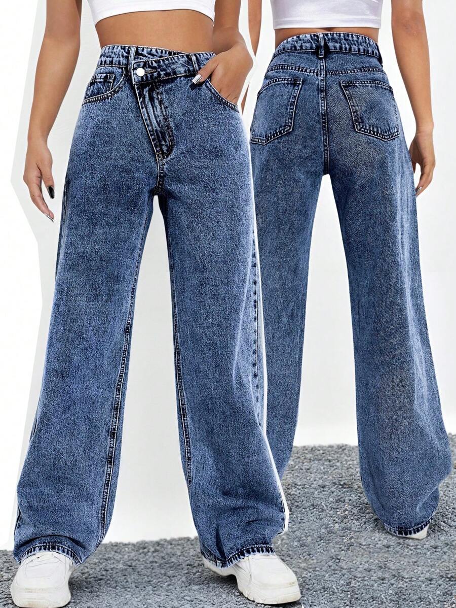 EMERY ROSE Women's Casual Asymmetrical Pockets Straight Leg Jeans - Dark Wash - View 1