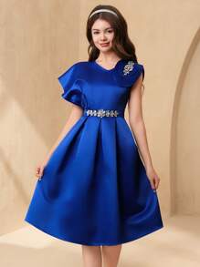 SHEIN Teen Girl Rhinestone Decor Ruffled Hem Elegant Luxurious Satin Beaded Long Dress