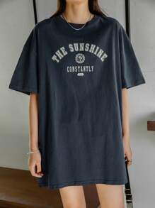 DAZY Áo thun hở vai họa tiết chữ mùa hè cỡ lớn - Màu xanh hải quân - Xem 4