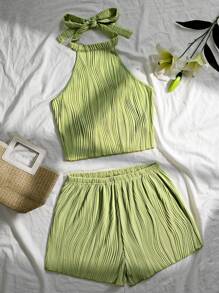 SHEIN Unity 2pcs Set Women Green Casual Round Neck Camisole Top And Loose Shorts - Green - View 3