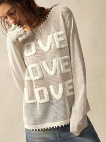 女士休闲字母刺绣针织毛衣 - 米色 - 查看 3