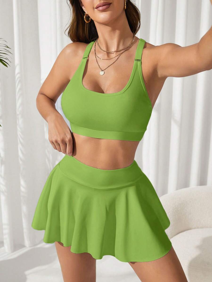 女士纯色短款背心和迷你裙运动套装 - 綠色 - 查看 1