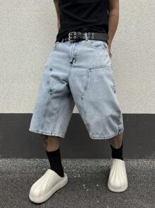 Manfinity Streetrush Shorts vaqueros casuales de pierna ancha tipo bermuda para hombre