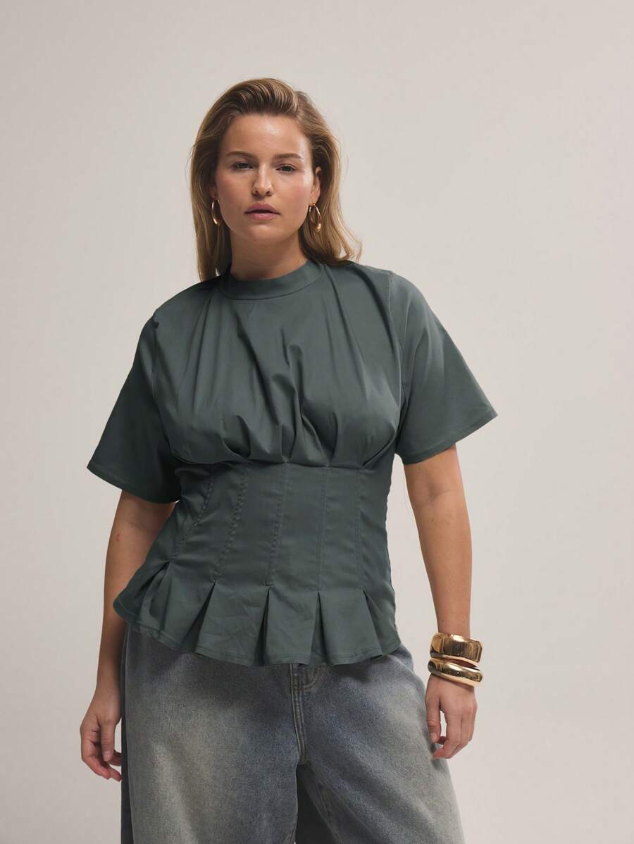 MUSERA Plus Size Woven Short Sleeve Fitted Sexy Stand Collar Top For Date Night, Holiday, Occasion, Wedding Guest Cinched Waist Fitted Waistline Top Spring Summer - Grey - View 1