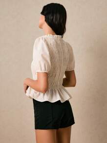 Poéselle Women's Shirts Pleated Shirts Waisted Ruffles Apricot Shirts Cute Shirts Women's Solid Color Short Sleeve Blouse, Fashionable For Summer Blouse Y2k Streetwear Going Out Outfits Casual Women Outfits Summer Women Tops Boho Tops - Apricot - View 4