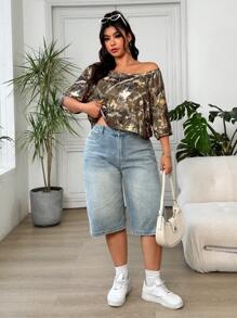 SHEIN EZwear 植物印花休闲宽松大码女式落肩T恤 - 彩色 - 查看 5