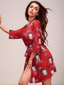 Betty Boop x SHEIN Women's Red Translucent Mesh Nightgown, Women Robes, Retro Girl, Heart & Red Lips Pattern Cartoon Sexy Home Daily Robe, Summer, Fall, Winter - Red - View 5