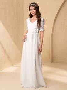 SHEIN Vestido largo de gasa con aplicaciones de encaje, estilo línea A, escote en V, manga corta, para niña adolescente, elegante para bailes, fiestas de cumpleaños y actuaciones - Blanco - Ver 3