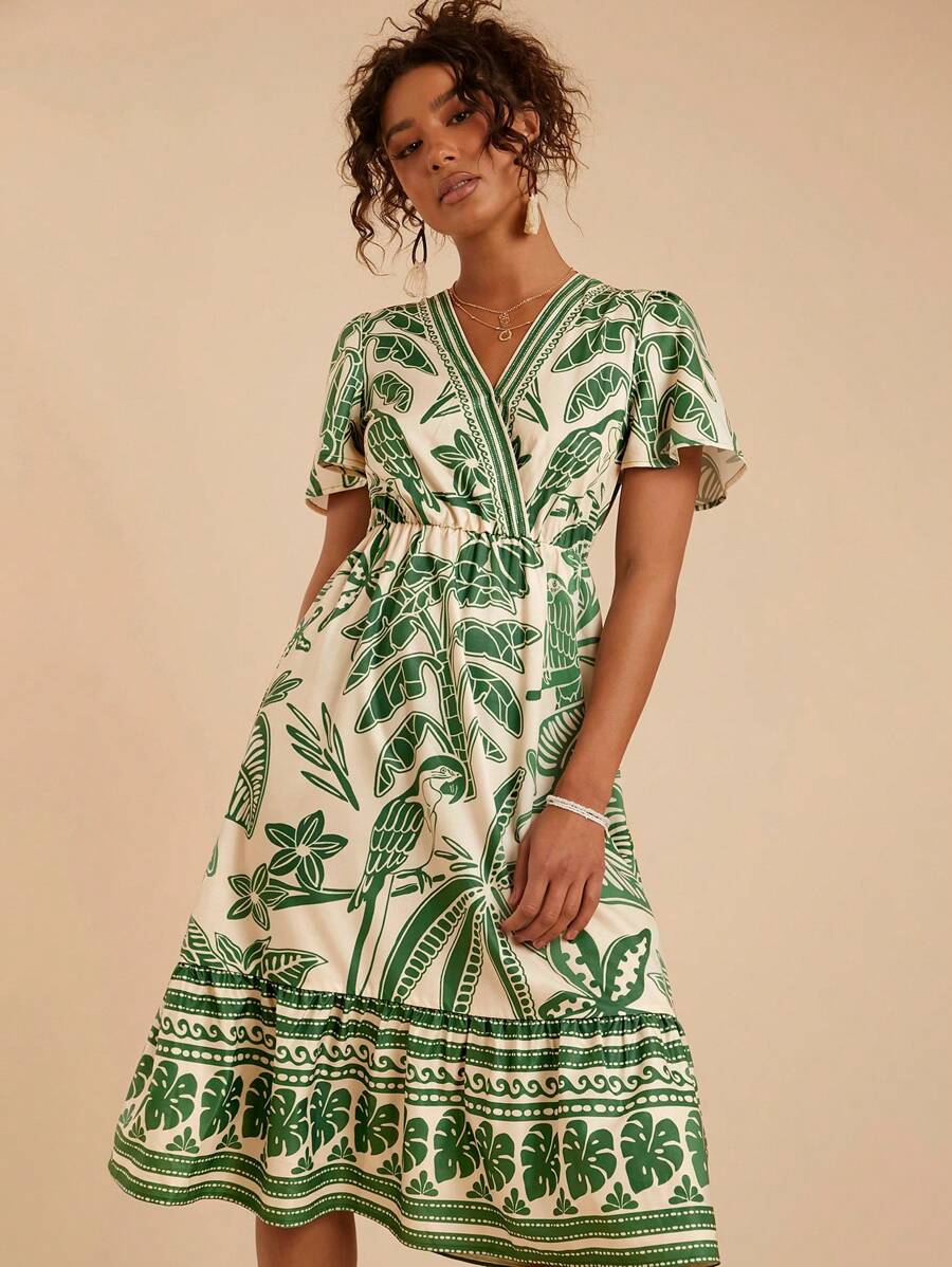 Travachic Women's Beige Summer Tropical Printed Short Sleeve V-Neck Midi Dress,Boho Casual Flowy Sun Dress,Holiday Vacation Beach Outfits,Bohemian Tea Party - Green - View 1