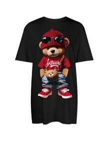 Slaydiva Casual Cute Cartoon Bear Pattern Loose Round Neck Short Sleeve Short Women's Dress, Suitable For Summer,Summer Dresses For Women