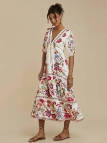 Travachic V-Neck Floral Lace Patchwork A-Line Botanical Print Vacation Dress For Women - Multicolor - View 6