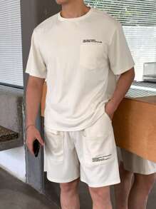 SHEIN 青少年男孩简约纯色迷你印花口袋设计短裤和 T 恤套装，休闲校园舒适时尚简约百搭柔软，适合日常、学校、户外、运动、度假 - 米色 - 查看 5
