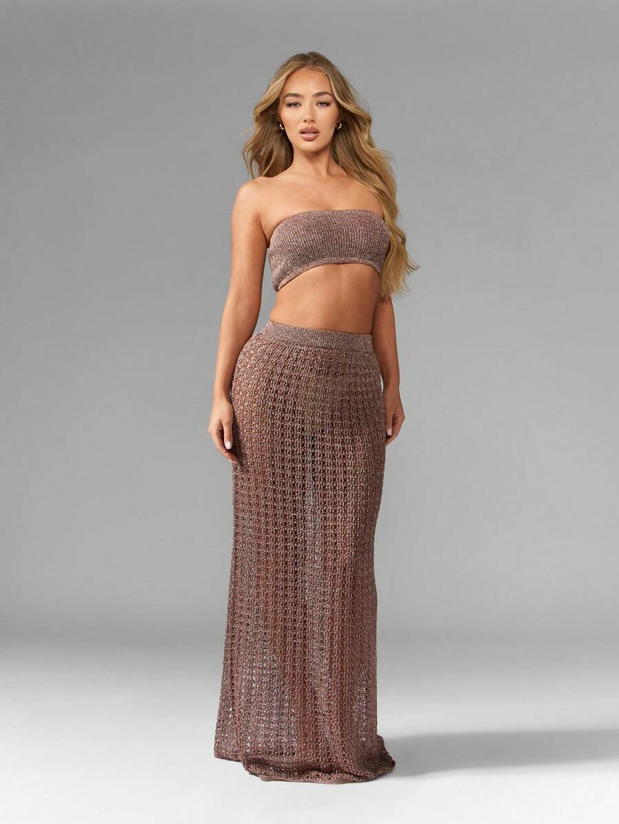 MISSGUIDED Metallic Knit Beach Cover Up Set Bandeau Top Maxi Skirt Two Piece Resort Vacation Poolside Swimsuit Cover Up Beachwear Summer Party Festival