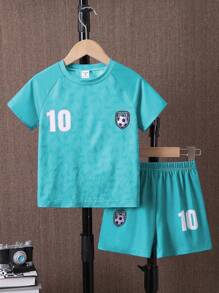 SHEIN 2 Pieces Set: Soccer Print Raglan Sleeve T-Shirt And Shorts Set, Casual Outfit For Young Boys Summer Holiday