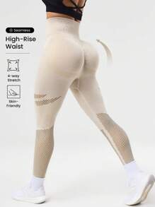 SHEIN Sports Apricot Leggings For Women: Seamless High-Waisted Design With Breathable Contrast Mesh And 4-Way Stretch - Apricot - View 1