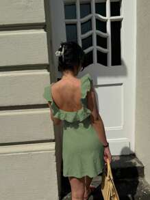 SHEIN VCAY Vestido mini para mujer con ribete de encaje floral, de moda para el verano - Verde - Ver 2