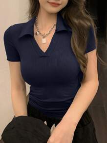 DAZY Áo thun nữ tay ngắn cổ polo ôm vừa vặn màu trơn, thường ngày mùa hè - Màu xanh hải quân - Xem 4