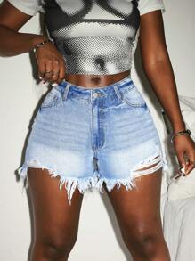 Slaydiva Damen Lässig Jeans Shorts mit niedriger Taille, Taschen und ausgefranstem Saum - Mittele Waschung - Übersicht 5