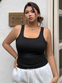 Dazy Plus Áo thun cổ chữ V không tay màu trơn cỡ lớn cho nữ, màu đen, mùa xuân/hè - màu đen - Xem 4