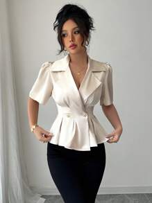 Elenzga Women Solid Color Lapel Neck Puff Sleeve Elegant Blouse - Apricot - View 5