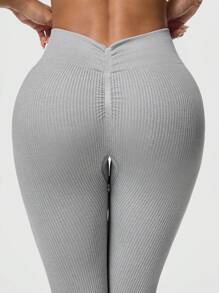 Seamluxe SHEIN Sport 1 pezzo Leggings sportivi, design con motivo a orecchie di miglio ai lati + design in vita a V, colore grigio, lunghezza alla caviglia, senza cuciture, vita alta, adatti per yoga e fitness