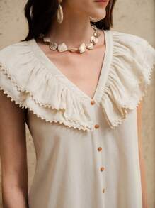 Uhlyne Abito casual da donna in lino intrecciato con maniche a volant, rifiniture arricciature, scollo a V con bottoni, vestito casual da resort con linea ad A