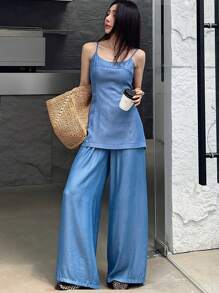 DAZY Women's Slim Fit Camisole Top And Denim Pants 2 Pieces Set - Medium Wash - View 3