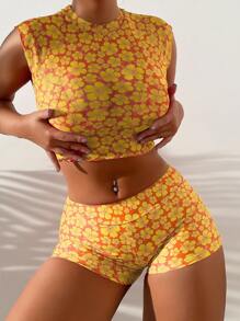 Swim Lushoire Women's Summer Beach Floral Print Halter Tie Bikini 3 Pieces Set With Cover Up Top, Assorted Prints - Multicolor - View 1