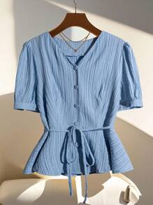 EMERY ROSE Áo sơ mi nữ tay ngắn, thời trang cho mùa hè - Màu xanh lam - Xem 3