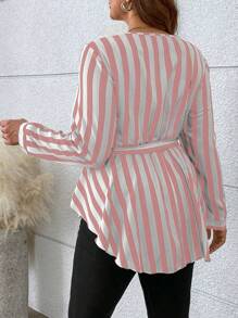 SHEIN Clasi Plus Size Striped Printed Cross Collar Asymmetrical Hem Blouse Peplum Top - Baby Pink - View 2