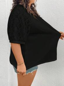 SHEIN CURVE+ 大码女款不同材质拼接上衣，白色T恤 - 黑色 - 查看 5