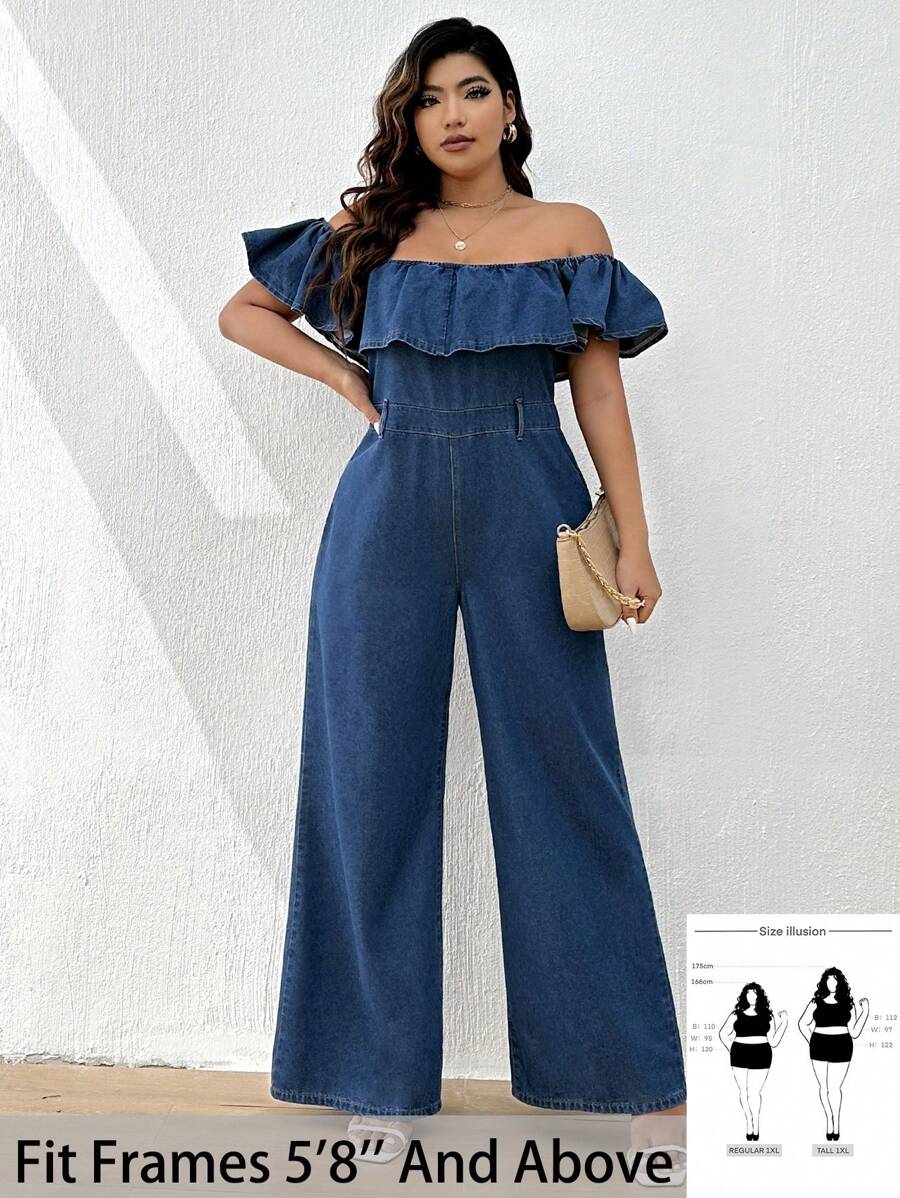 SHEIN Tall CURVE Plus Size Off-The-Shoulder Denim Jumpsuit With Ruffle Detail And Zipper Closure - Blue - View 1
