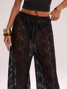 SHEIN BAE 女士时尚性感透明抽绳腰宽松裤 - 黑色 - 查看 5