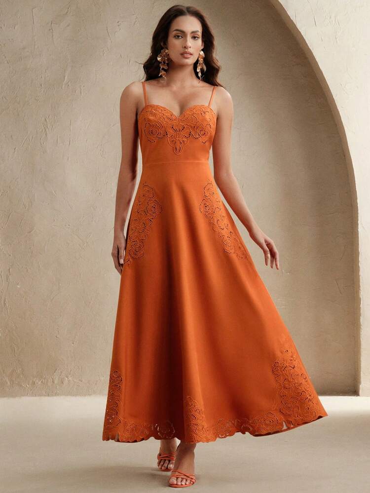 Embroidered Hollow 3D Floral Waist-Cinched A-Line Cami Dress, Women Summer Festival, Going Out, Vacation Outfits